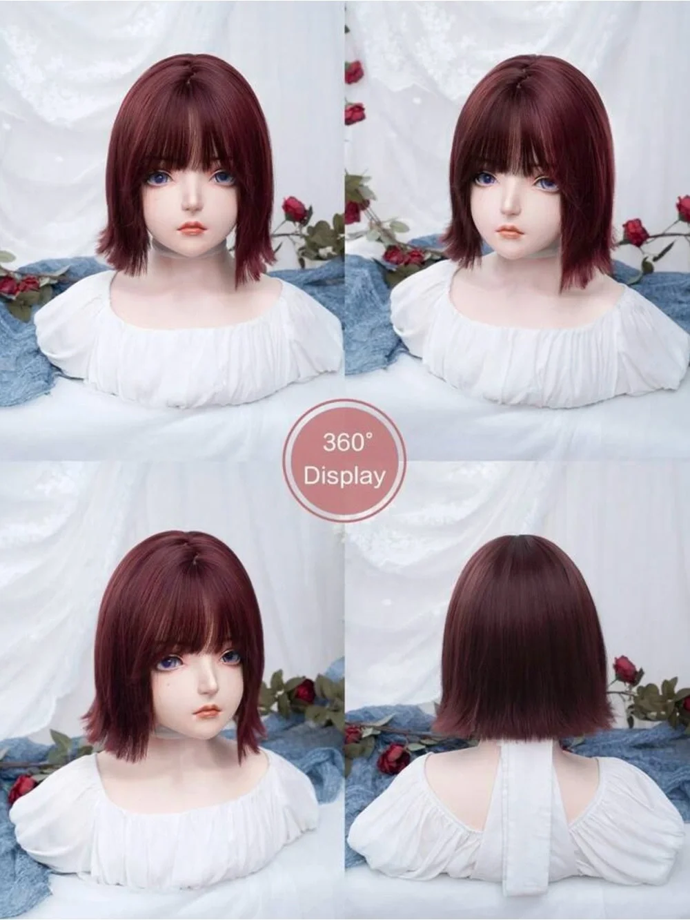 Heat Resistant Burgundy Bob Wig with Bangs 12”
